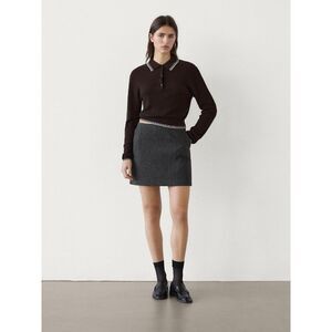Massimo Dutti Womens Sweater XS Brown Polo Collar Contrast Knit 5634/609 NWT